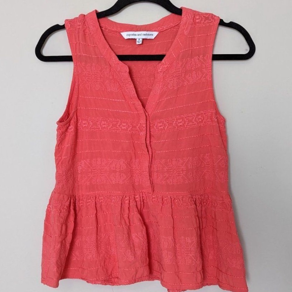 Cupcakes & Cashmere Coral Red Embroidered Peplum Tank Top